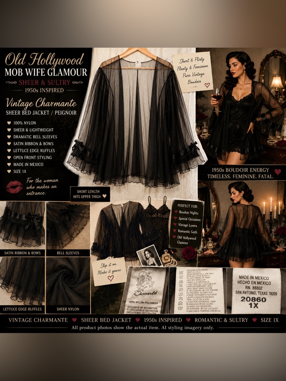 VTG Charmante Sheer Black Peignoir Bed Jacket 1X Nylon Boudoir Ruffle Bow EUC